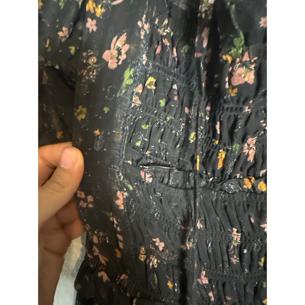 Slate & Willow Black Floral Print Chiffon Puff Sleeve Smocked Maxi Dress Small - Picture 12 of 13